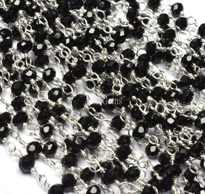 AAA Quality Black Onyx Hydro Micro Cut Rondelle Beads Rosary Chain 3mm, Silver Plated Wire Handmade Chain By Foot For Jewelry Necklace Craft