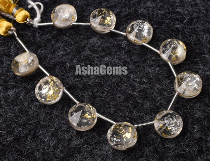 10 Pc Crystal Quartz Gold Foil Doublet Round Faceted Beads, Gold Foil Quartz Doublet Cut Stone Side Drill Beads, Gemstone Faceted Cabochons
