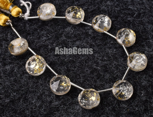 10 Pc Crystal Quartz Gold Foil Doublet Round Faceted Beads, Gold Foil Quartz Doublet Cut Stone Side Drill Beads, Gemstone Faceted Cabochons
