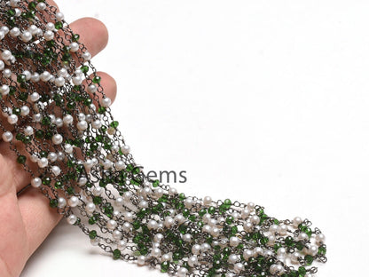 Beautiful Pearl, Chrome Green Hydro Beads Rosary Chain,3 mm Black Plated Gunmetal Wire Wrap Faceted Rondelle Beads Chain Jewelry Making SALE