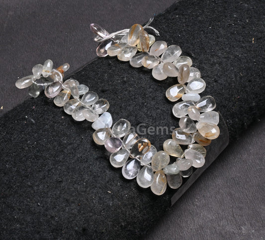 Rutile Quartz Smooth Pears Shape Gemstone Loose Beads,6x10-9x14 mm Natural Rutile Quartz Handmade Teardrop Side Drill Beads Jewelry Craft 9"