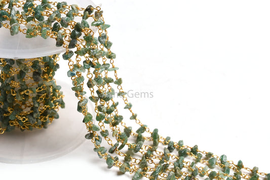 Natural Green Mica Uncut Chips Rosary Beads Chain, Gold Plated Wire Wrap Mica Nugget Beaded handmade Gemstone Chains Necklace Jewelry Crafts