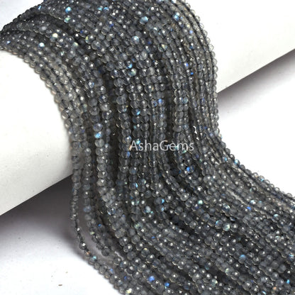 3 mm Labradorite Faceted Gemstone Beads, AAA Natural Blue Fire labradorite Rondelle Machine Cut Beads ,Black Rainbow Micro cut Beads Jewelry