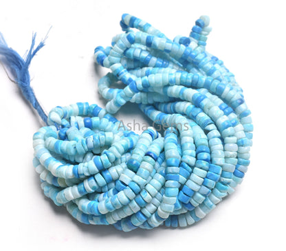 16" Strand Turquoise Color Blue Opal Smooth Tyre Beads, Shaded Blue Opal Plain Handmade Heishi Tyre Beads, Opal Wheel Gemstone Bead Jewelry