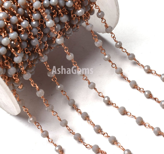 AAA Grey Moonstone Hydro Rondelle Faceted Beads Rosary Chain By Feet,3 mm Rose Gold Plated Wire Wrap Chains For Jewelry Making Necklace SALE