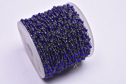 Royal Blue Quartz Hydro Faceted Beads Chain 1-50 Feet Black Metal Plated Wire Chain, 3-3.5 mm Gunmetal Jewelry Making Rosary Chain