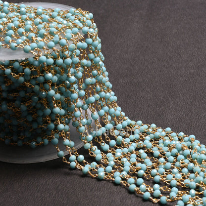 3,5,10,25 Ft,Blue Turquoise Hydro Rondelle Faceted Beaded Rosary Chain Gold Plated Wire,Jewelry Making,Finding,Size 3-3.5 mm,Bulk Roll Wire