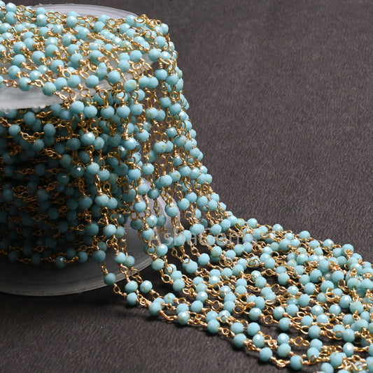 3,5,10,25 Ft,Blue Turquoise Hydro Rondelle Faceted Beaded Rosary Chain Gold Plated Wire,Jewelry Making,Finding,Size 3-3.5 mm,Bulk Roll Wire