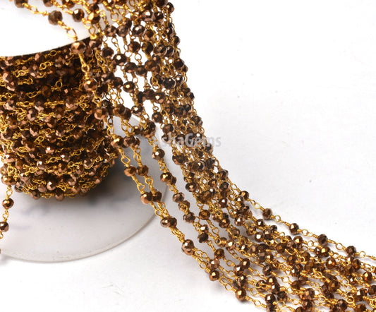 3,5,10,50 Feet Gold Pyrite Hydro Faceted Rondelle Beaded Rosary Chain,3mm,Gold Plated,Wire Wrapped Chain,Finding,Jewelry Making,Rosary Chain