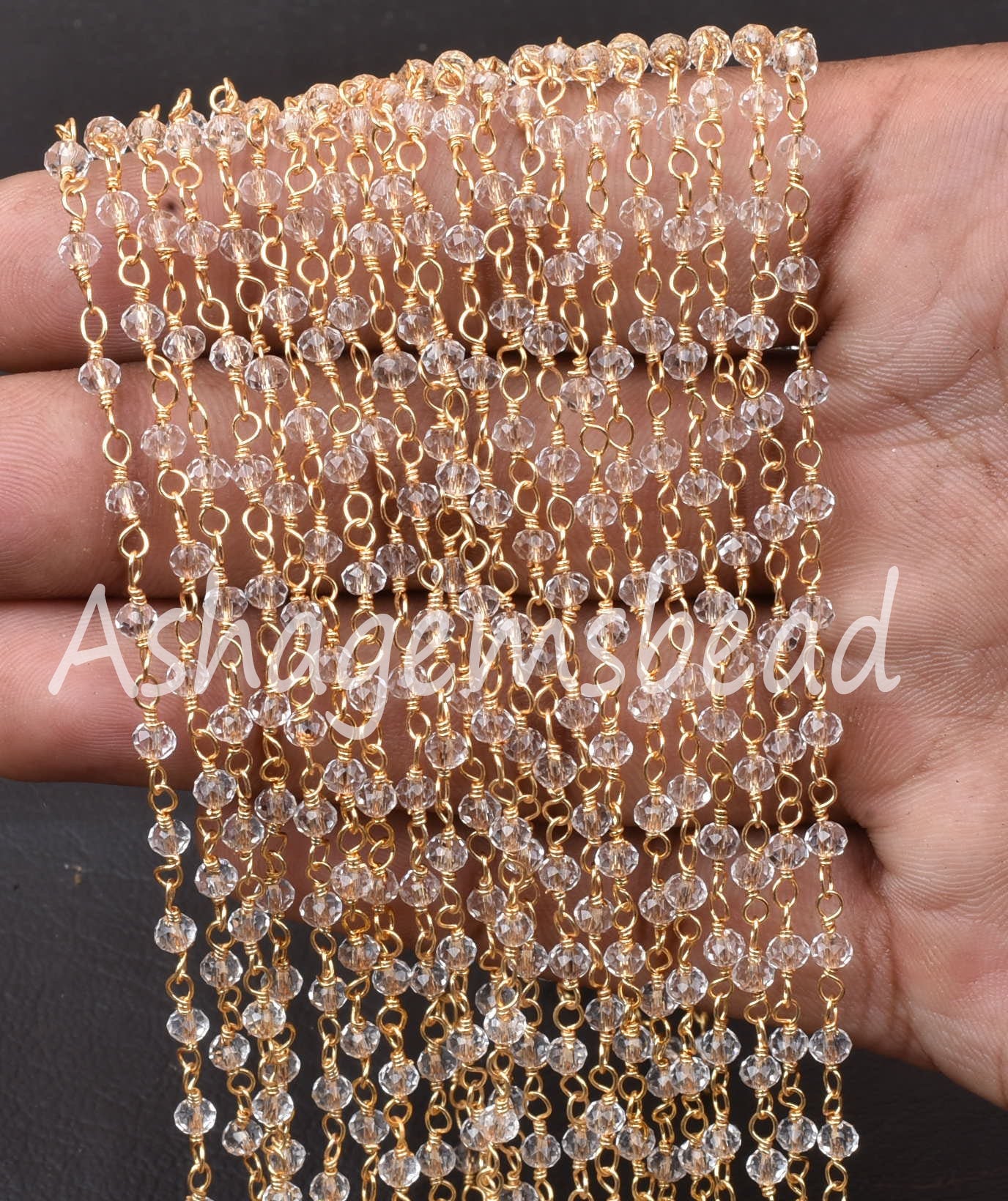 1,3,5,10,50 Ft,Clear Crystal Quartz Hydro Faceted Rondelle Beads Rosary Chain,3mm,Gold Plated Wire,Beaded Chain,Finding,Jewelry Making,Craft