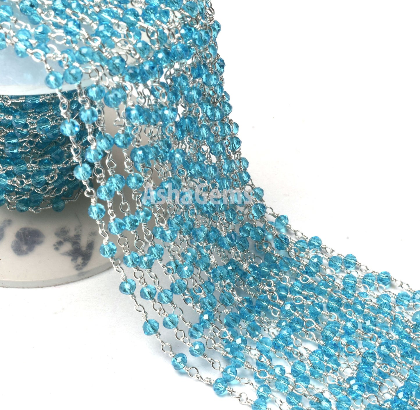 Beautiful Blue Topaz Hydro Faceted Rondelle Beads Rosary Chain 3-3.5 mm Rosary handmade Beaded Chains Roll Wire Wrap Jewelry Making Necklace Crafts