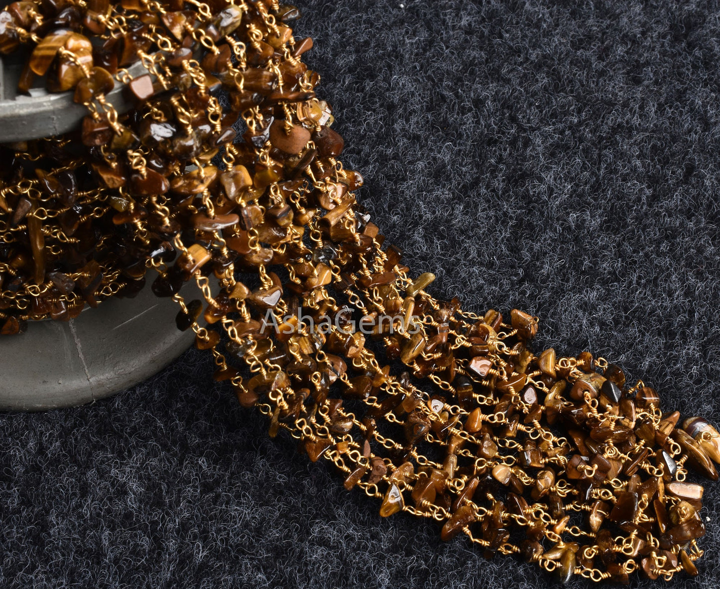 Natural Tiger Eye Uncut Chip Beads Rosary Chain Gold Plated Wire Wrap Handmade Chip Beaded Gemstone Nugget Chain for Jewelry Making Necklace