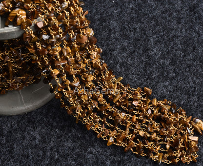Natural Tiger Eye Uncut Chip Beads Rosary Chain Gold Plated Wire Wrap Handmade Chip Beaded Gemstone Nugget Chain for Jewelry Making Necklace