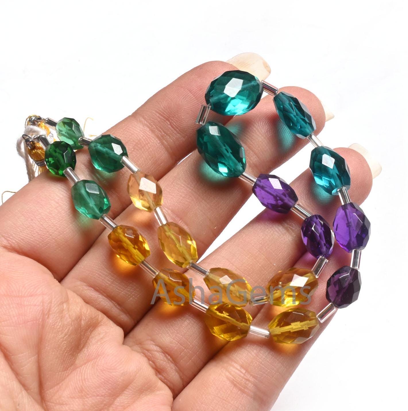 Beautiful Multi Color Quartz Hydro fancy Oval Shape Checker Cut Beads,11" Mix Yellow Green Purple Hydro Oval Briolette Faceted Beads Jewelry