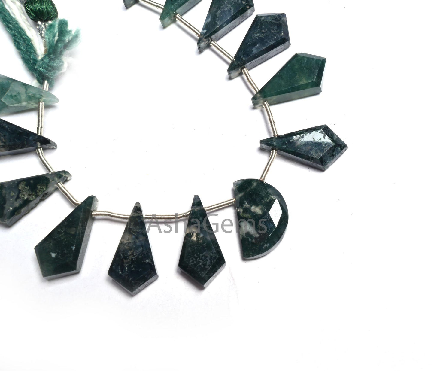Natural Moss Green Agate fancy Long + 1 Piece D Shape faceted Beads, Rare Moss Agate Fancy Briolette Side Drill Gemstone Agate Beads Jewelry(AG 18610)