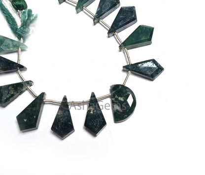 Natural Moss Green Agate fancy Long + 1 Piece D Shape faceted Beads, Rare Moss Agate Fancy Briolette Side Drill Gemstone Agate Beads Jewelry(AG 18610)