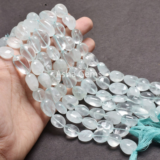 13" Strand Blue Aquamarine Smooth Handmade Nugget Gemstone Beads, Natural Aquamarine Uneven Tumble Straight Drill Loose Beads Jewelry Crafts (22245)