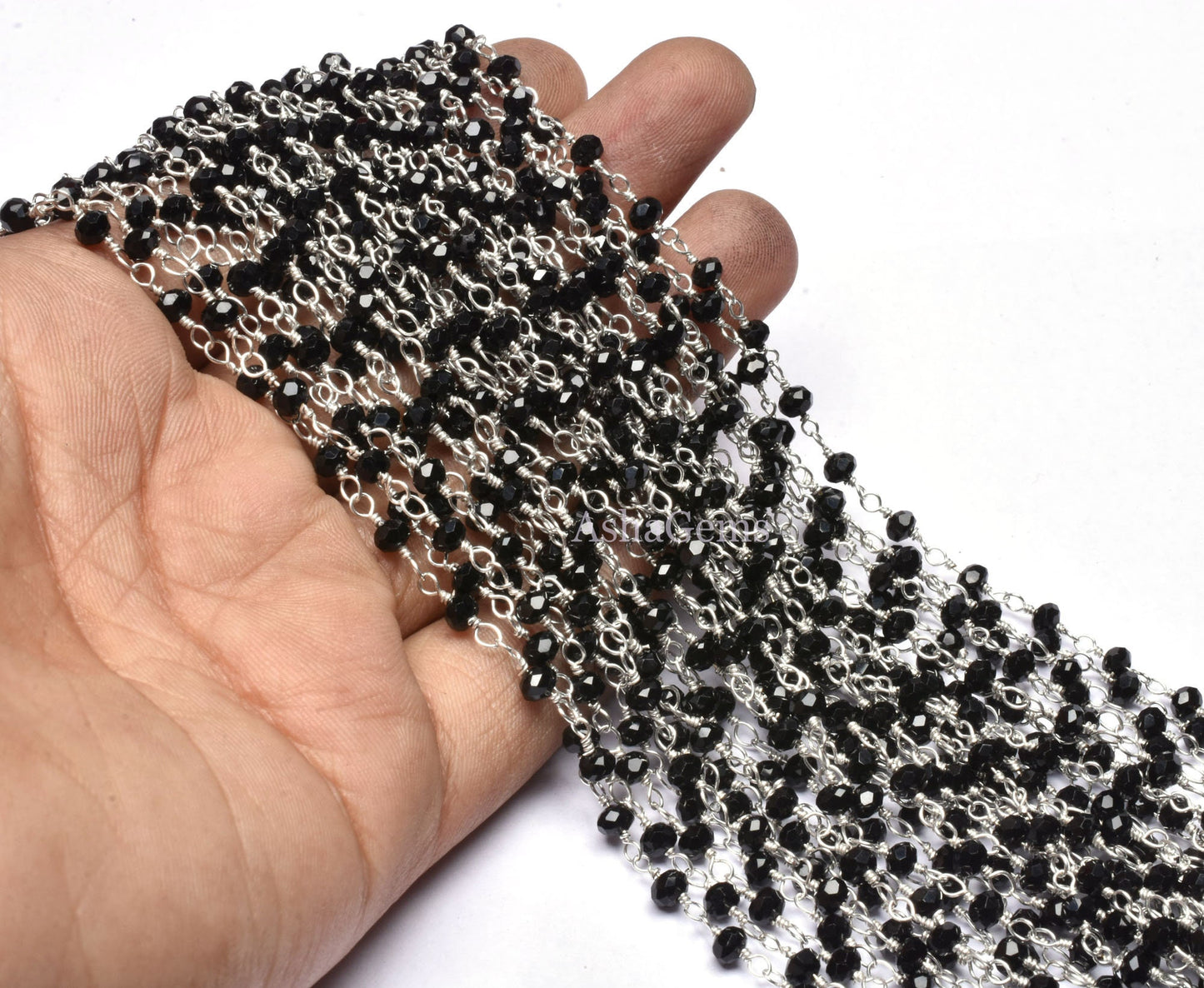 AAA Quality Black Onyx Hydro Micro Cut Rondelle Beads Rosary Chain 3mm, Silver Plated Wire Handmade Chain By Foot For Jewelry Necklace Craft