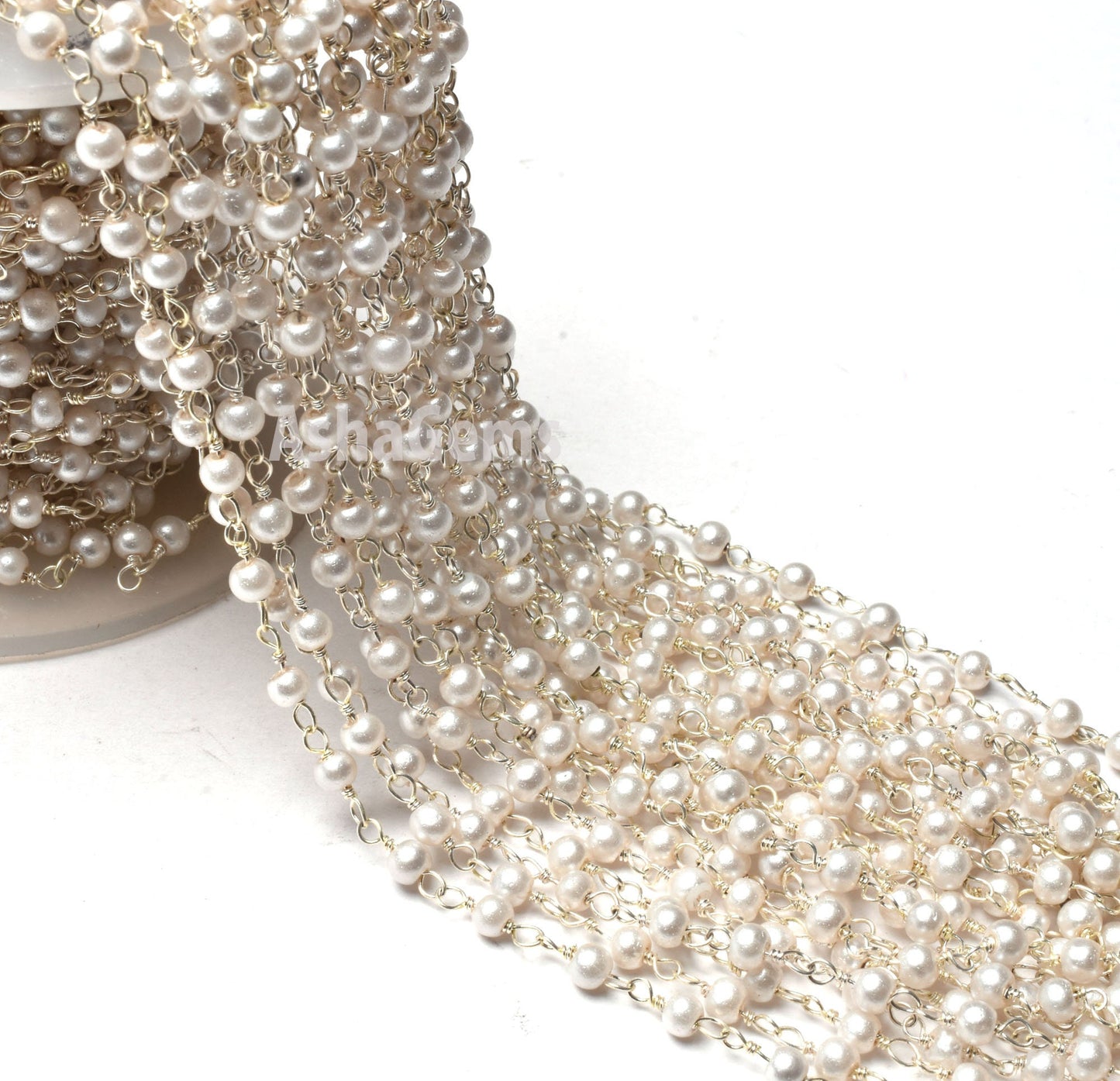 SALE 3,5,10,25 Ft White Pearl Hydro Faceted Rondelle Beaded Rosary Chain Silver Plated Wire,Jewelry Making Finding,Wire Wrapped Chain 3-3.5