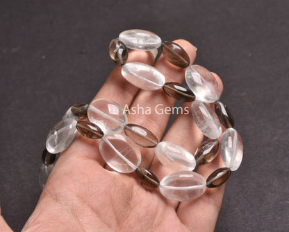 Fine Natural White Crystal Oval + Smoky Loi Shape Smooth Beads Necklace,17 Inch Multi Quartz Plain Handmade Gemstone Fancy Bead Jewelry SALE