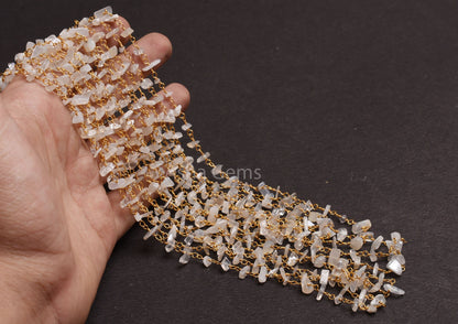 Natural White Moonstone Uncut Beads Rosary Chain, Gemstone Smooth Chip Beaded Chain Gold Plated Wire Wrap Nugget Chain Jewelry Necklace SALE