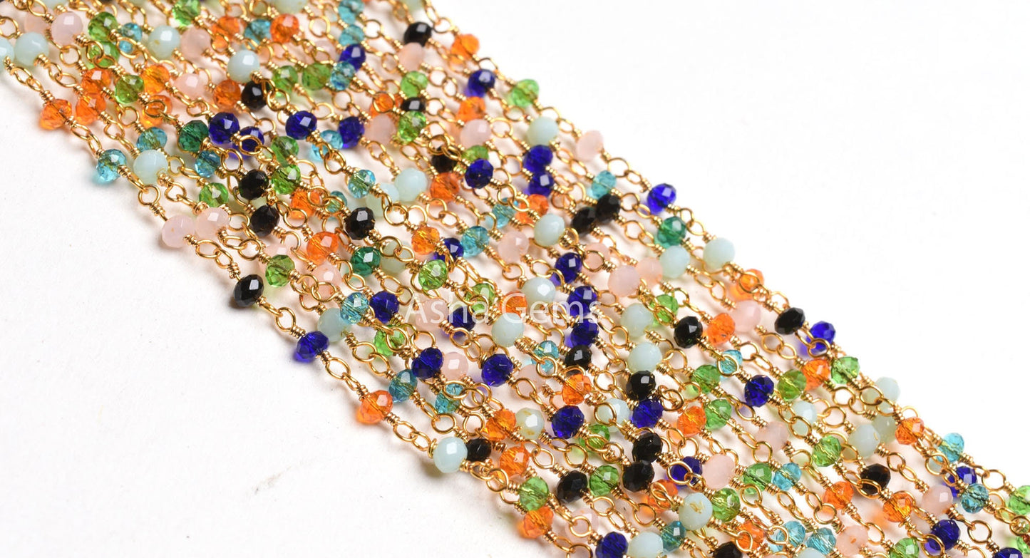 Beautiful Multi Disco Hydro faceted Rondelle Bead Rosary Chain, Mix Color Bead Gold Plated Wire Wrap Rosary Chain By Feet Jewelry Craft SALE