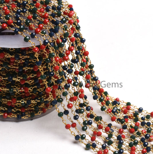 Beautiful Multi Blue Green Red Hydro Rondelle faceted Beads Rosary Chain,3 mm Gold Plated Wire Wrap Handmade Beaded Chains Jewelry Necklace