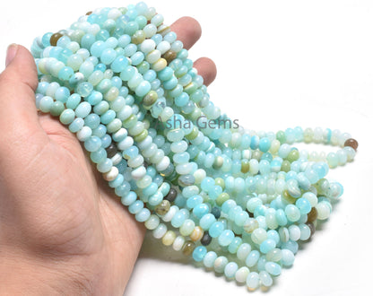 Shaded Blue Peru Opal Rondelle Shape Beads,16"Strand Sky Blue Opal Smooth Handmade Gemstone Loose Beads, Opal Bead Jewelry Making Craft SALE