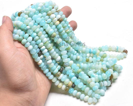 Shaded Blue Peru Opal Rondelle Shape Beads,16"Strand Sky Blue Opal Smooth Handmade Gemstone Loose Beads, Opal Bead Jewelry Making Craft SALE