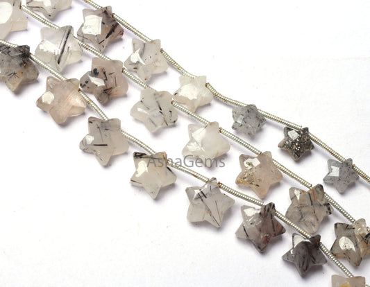 Natural Rutile Smooth Star Briolette Beads, Black Rutile Fancy Star Shape Carved Beads, Rutile Gemstone Carving Beads For Jewelry SALE