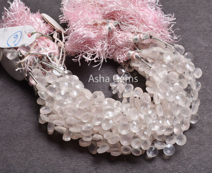 Natural Rose Quartz Heart Faceted Gemstone Beads, Fine Quality Pink Rose Quartz Heart Briolette Side Drill Beads,7" Rose Quartz Bead Jewelry