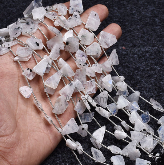 Moss rainbow Moonstone smooth uneven shape Side drill beads, Natural Blue Fire White rainbow fancy Flat Slice Gemstone bead For jewelry SALE