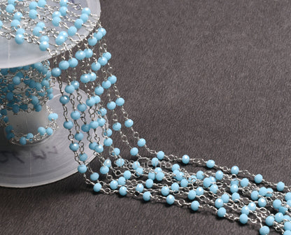 3,5,10,25 Ft, Blue Turquoise Hydro Faceted Rondelle Bead Rosary Chain Silver Plated Wire,Jewelry Making Finding,3-3.5 mm, Bulk Chain Rosary