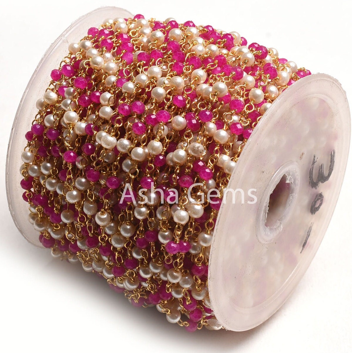 White Pearl Pink Chalcedony Hydro Beads Rosary Chain, Faceted Rondelle Beads 1,10,25 Feet Gold Plated Wire Roll Jewelry Making Finding Chain