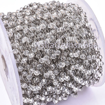 3,5,10,25 Feet,Crystal Quartz Hydro Rondelle Faceted Beads Rosary Chain, Black Plated Wire Jewelry Chain,Finding,3.5mm,Beaded Chain Gunmetal