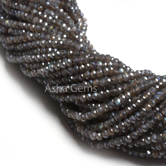 3.5mm AAA Labradorite Beads, Silver Coated Labradorite Micro Cut Faceted Rondelle Beads, Labradorite Machine Cut Gemstone Loose Bead Jewelry