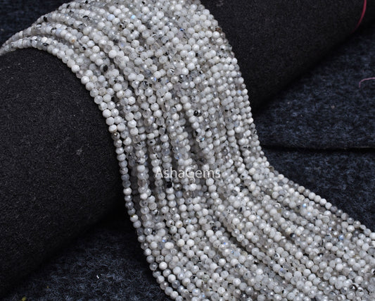 3 mm Rare Moss rainbow Moonstone Faceted Rondelle Beads, Natural Black Dot White Rainbow Machine Cut Gemstone Beads, Blue Fire Rainbow Beads