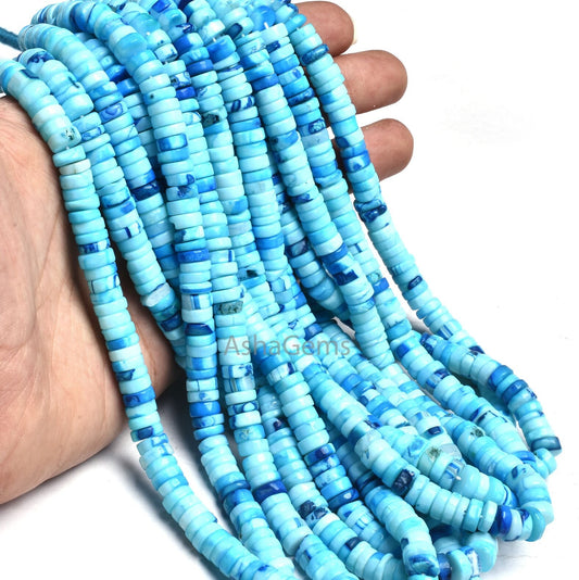Shaded Blue Opal Smooth Tyre Shape Gemstone beads,7 mm Blue Opal Plain Handmade Heishi tyre beads,8/16" Strand Blue Opal Beads For necklace