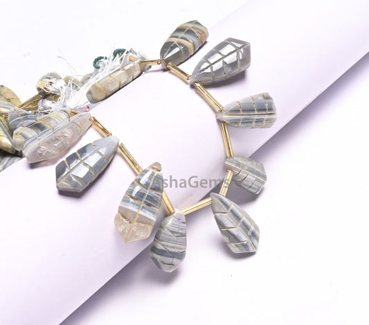 Beautiful Shaded Grey Boulder Opal Fancy Shape Carved Gemstone Handmade Beads, Opal Carving Fancy Pear Carving Bead For Jewelry Making Craft