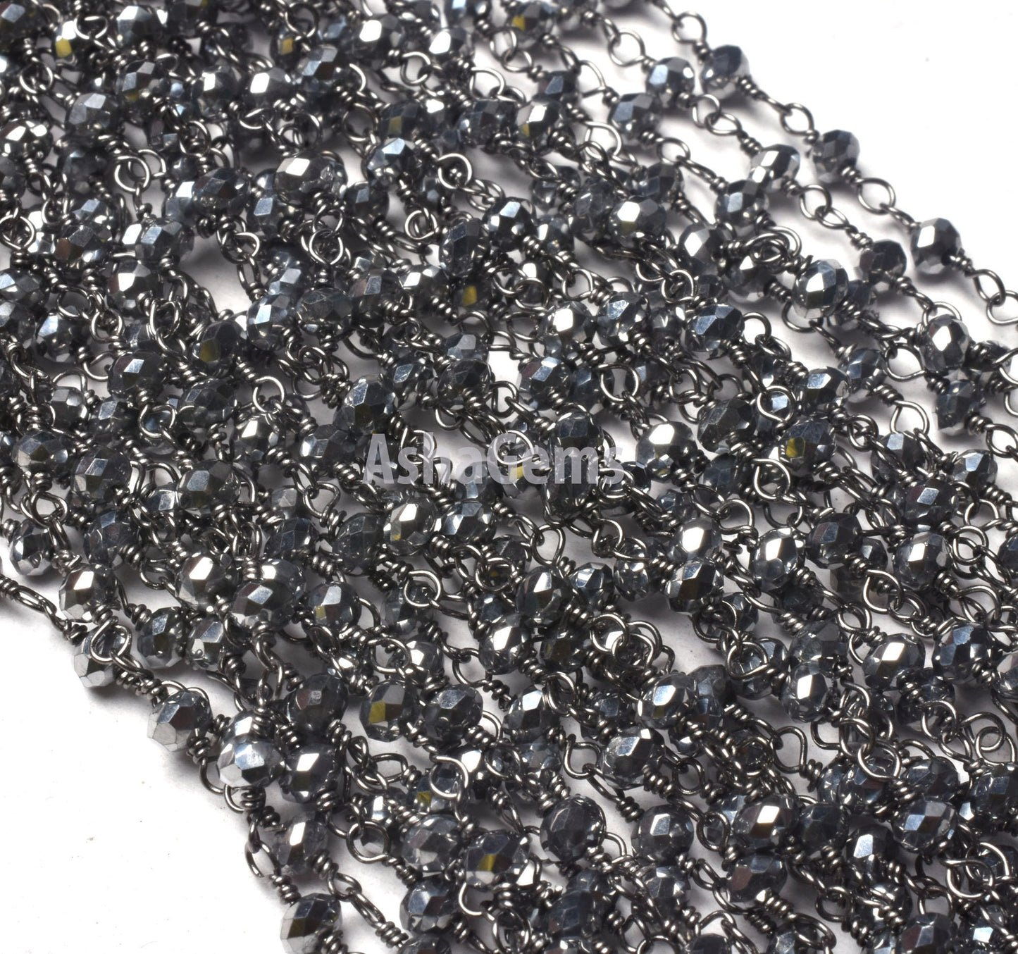 SALE AAA Silver Pyrite Hydro Faceted Rondelle Beads Rosary Chain,3 mm Black Plated Gunmetal Wire Wrap Handmade Chain Jewelry Necklace Making