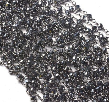 SALE AAA Silver Pyrite Hydro Faceted Rondelle Beads Rosary Chain,3 mm Black Plated Gunmetal Wire Wrap Handmade Chain Jewelry Necklace Making