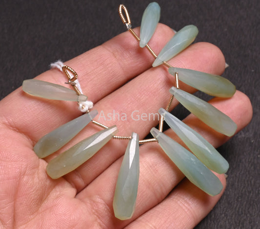 Fine Sea Green Chalcedony faceted Long Drops Gemstone Beads, Both Side Loop Opaque Aqua Chalcedony Fancy Pencil Teardrop Bead Jewelry Crafts