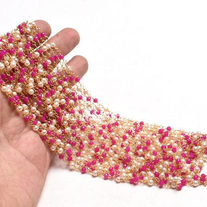 White Pearl Pink Chalcedony Hydro Beads Rosary Chain, Faceted Rondelle Beads 1,10,25 Feet Gold Plated Wire Roll Jewelry Making Finding Chain