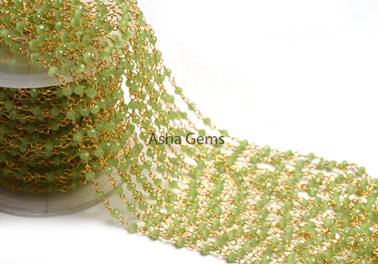Beautiful Green Quartz Hydro Faceted Rondelle Beads Rosary Chain By Foot,3mm Gold Plated Wire Wrap Jewelry making Handmade Rosary Chain SALE