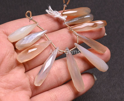 Shaded White Brown Fancy Long Pencil Drop Faceted Beads, Fine Bio Chalcedony Silver Coated Teardrop Briolette Gemstone Beads Jewelry Makings