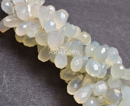 Aqua Blue Chalcedony Faceted Indian Hand Cut Drop Beads, Chalcedony Beads, Aqua Chalcedony Teardrop Side Drill Gemstone Handmade Beads SALE