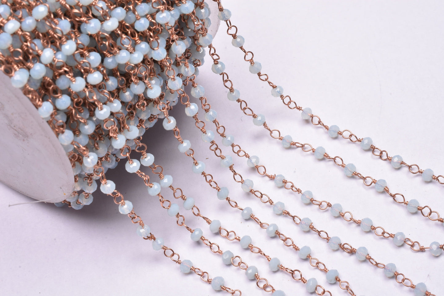 Beautiful Aqua Blue Chalcedony Hydro Beads Rosary Chain,3 mm Rose Gold Plated Wire Wrap Beaded Rondelle handmade Chain Jewelry Making Crafts