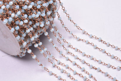 Beautiful Aqua Blue Chalcedony Hydro Beads Rosary Chain,3 mm Rose Gold Plated Wire Wrap Beaded Rondelle handmade Chain Jewelry Making Crafts