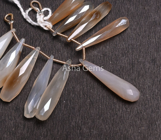 Shaded White Brown Fancy Long Pencil Drop Faceted Beads, Fine Bio Chalcedony Silver Coated Teardrop Briolette Gemstone Beads Jewelry Makings