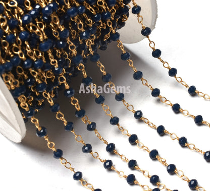 1,3,5,10,50 Ft Blue Sapphire Hydro Faceted Rondelle Beaded Rosary Chain,Gold Plated,Jewelry Making,Rosary Chain 3-3.5mm, Wire Wrapped Chain